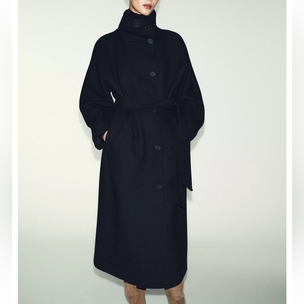 NWT Zara Funnel Neck Wool Belted Button Coat size S